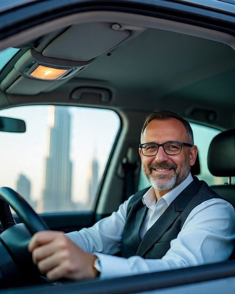 Motorista parceiro TVDE Prime sorridente ao volante